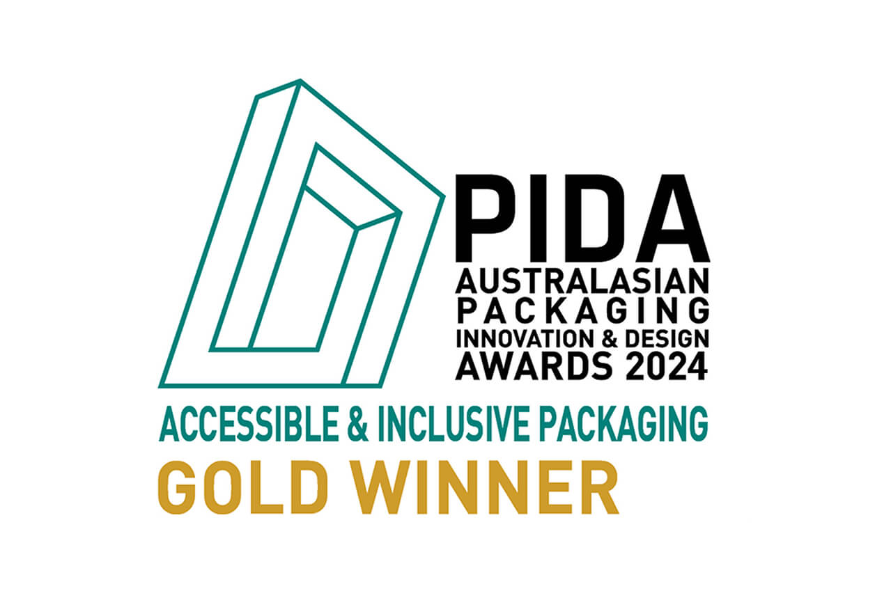 PIDA Australasian Packaging innovation and design Awards 2024 logo. Gold winner for accessible and inclusive packaging
